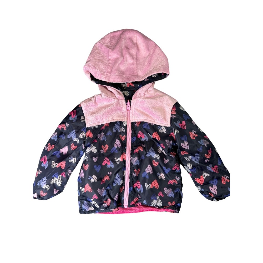 OshKosh B'gosh Reversible Heart Print Fleece Hooded Jacket 2T Pink Navy Winter